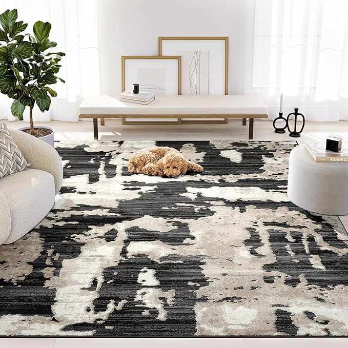 Abani Terra Cream Area Rug for Living Room, Bedroom - Black Abstract Pattern - 2' x 6' - Durable & Easy to Clean