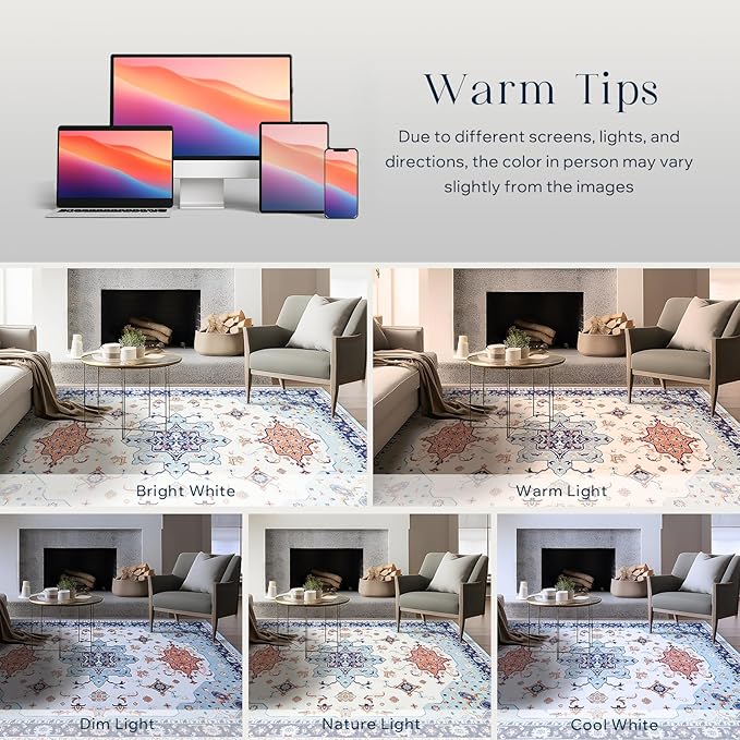 Phantoscope Washable Area Rug 8'x10' Non-Slip, Vintage Boho Rugs for Living Room, Bedroom, Dining Room, Medallion Persian Symmetrical Pattern, Low-Pile Foldable Floor Carpet, Ivory Blue/Orange