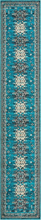 Unique Loom Taftan Collection Border Geometric Tribal Inspired Design Area Rug (3' 0 x 16' 5 Runner, Turquoise/ Gray)