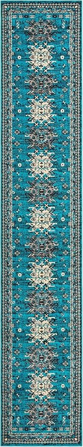 Unique Loom Taftan Collection Border Geometric Tribal Inspired Design Area Rug (3' 0 x 16' 5 Runner, Turquoise/ Gray)