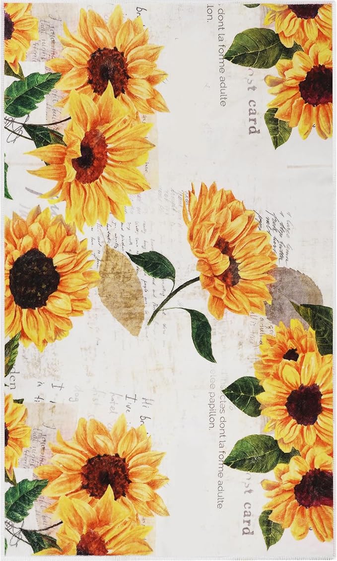Sunflower Rug 5' x 7' Large Oil Painting Artwork Rugs for Living Room Bedroom, Non Slip Washable Low-Pile Soft Indoor Floor Throw Carpet for Apartment Bathroom Dining Room