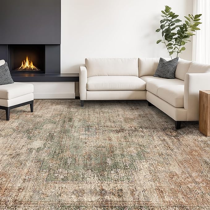 Brown and Green Rug for Entryway Indoor - Washable 5x7 Modern Abstract Area Rug for Foyer, Living Room, Home Office, Low Pile & Stain Resistence