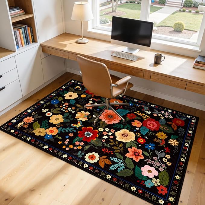Floral 5x7 Area Rug Machine Washable Soft Print Boho Carpet Non Slip Doormat Low Pile Flower Area Rugs for Living Room Bedroom Nursery Kitchen Dining Room Indoor-Black