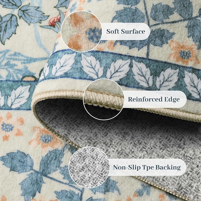 9x12 Area Rug Living Room Rug - Floral Vintage Forest Washable Carpet, Low Pile Non-Slip Stain Resistance Boho Soft Large Carpet for Bedroom, Dining Room Under Table, Farmhouse (9'x12' Blue/Orange)