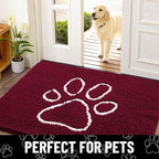 Smiry Dog Door Mat for Muddy Paws, Absorbent Dirt Trapper Non Slip Quick Dry Washable Chenille Mat for Mud Dogs, Entry Rug for Indoor and Outdoor (70x24 Inches, Burgundy and White)