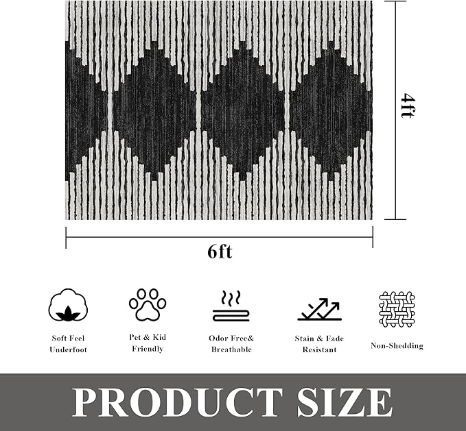 HelloTree Area Rug 4x6 Geometric Rug,Washable Modern Neutral Stain Resistant Indoor Carpet Boho Living Room Moroccan Rugs Fluffy Rug for Living Room Bedside Room Decor for Family-Black