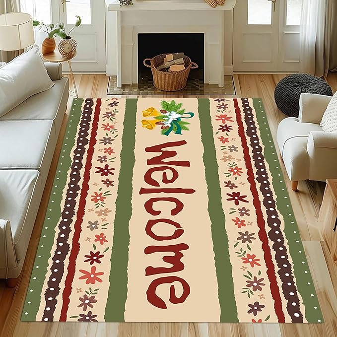 Vintage Christmas Area Rugs 3x4ft Merry Christmas Snowflakes Floral Winter Holiday Decorative Floor Mats Xmas Decorative Rugs for Living Room Bedroom Doormats Welcome Mats Non-Slip and Durable