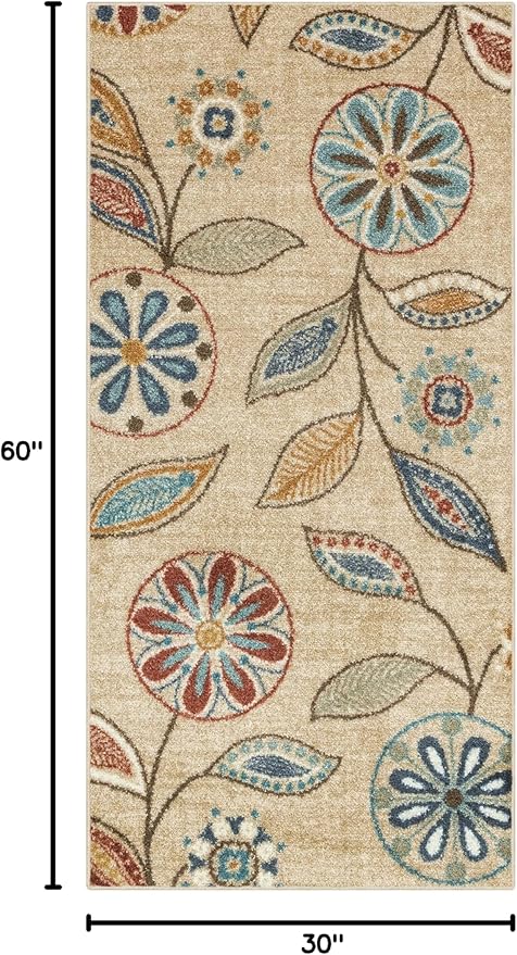 Maples Rugs Reggie Floral Runner Rug - Made in USA - Washable, Non Slip Indoor Carpet for Kitchen, Hallway, and Laundry Room, 2'6" x 5', Beige