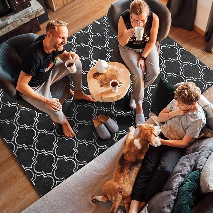 Amearea Fluffy Indoor Trellis Rug, Soft Moroccan Home Rugs for Bedroom, Shag Modern Area Rug for Living Room Kids Room Nursery, Indoor Easy Clean Low Pile Rug Carpet, Dark Grey 4x6 Feet