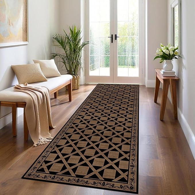Minimalist Checkered Runner Rug, 1.3x7ft, Brown Checkerboard Floor Mat, Floral Print Hallway Kitchen Runners Rugs, Washable Breathable Reduce Noise Room Decor Carpet for Bedroom Foyer