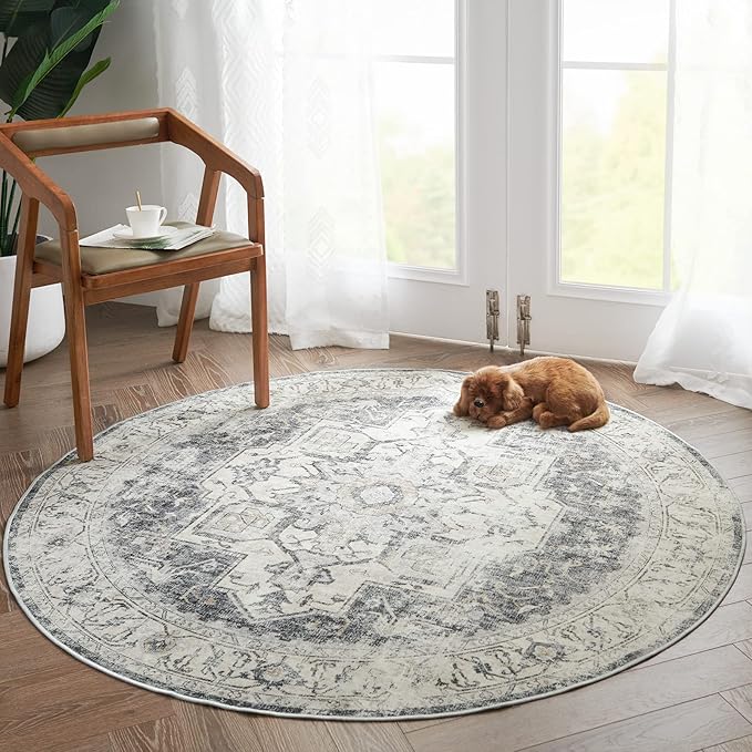 jinchan Kelda Round Rug 4ft Washable Area Rug Indoor Vintage Floor Cover Distressed Circle Mat 4' Round Lightweight Non Slip Low Pile Thin Carpet for Entryway Kitchen Living Room Bedroom Grey
