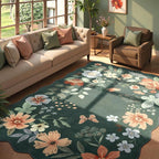 Lahome Floral Washable 6x9 Area Rugs, Soft Bedroom Rug for Living Room Ultra-Thin Non Slip Dining Room Rug, Stain Resistant Boho Rugs Easy Clean Throw Carpet for Office(6'x9',Dark Green)