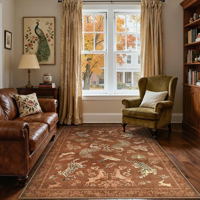 Moynesa Orange 5x7 Bedroom Rugs, Vintage Peacock Floral Washable Area Rugs for Living Room Dining Room Office Study, Low Pile Soft Non-Slip Water Repellent Carpets for Fall Winter Home Decor