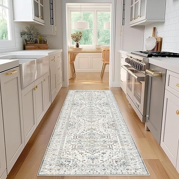 Enkor Runner Rugs for Hallway, 2.6x8 Washable Soft Non Slip Floor Rugs for Kitchen, Modern Mat for Living Room Bedroom Entryway White & Grey