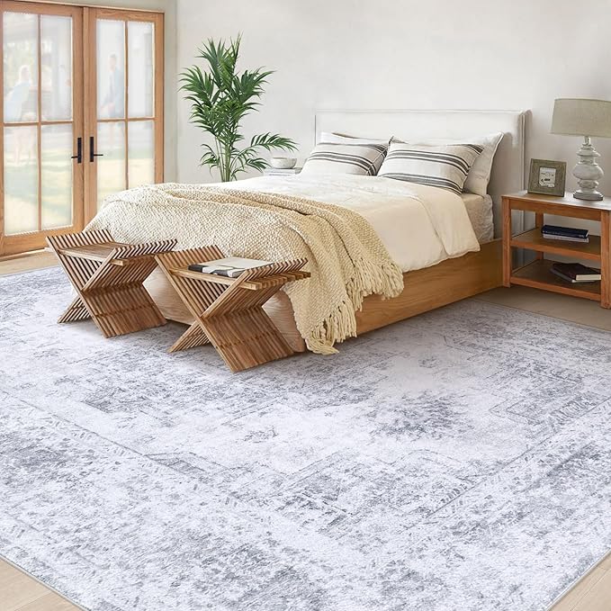 Area Rug 10x12 Living Room Rugs, Machine Washable Vintage Distressed Medallion Rug Non-Slip Soft Low Pile Large Indoor Rugs for Bedroom Kitchen Dining Room Office(Light Grey,10'x12')