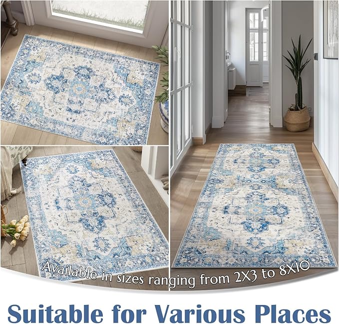 jinchan Kelda Runner Rug 2x5 Washable Rug Soft Hallway Runner Indoor Vintage Print Floor Cover Retro Distressed Lightweight Non-Slip Thin Carpet for Bathroom Kitchen Living Room Bedroom Blue