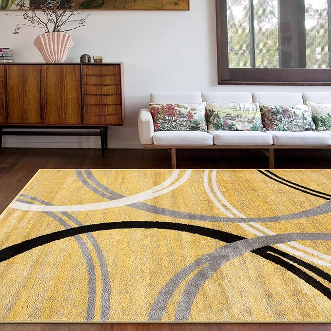 Rugshop Wavy Circles Design Area Rug, Fade-Resistant Carpet for Living Room, Bedroom, or Dining Room, Grand Room,Open Spaces Yellow, 8'8" x 12'
