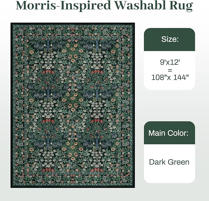 9x12 Area Rug Living Room Rug - Floral Vintage Forest Washable Carpet, Low Pile Non-Slip Stain Resistance Boho Soft Large Carpet for Bedroom, Dining Room Under Table, Farmhouse (9'x12' Dark Green)