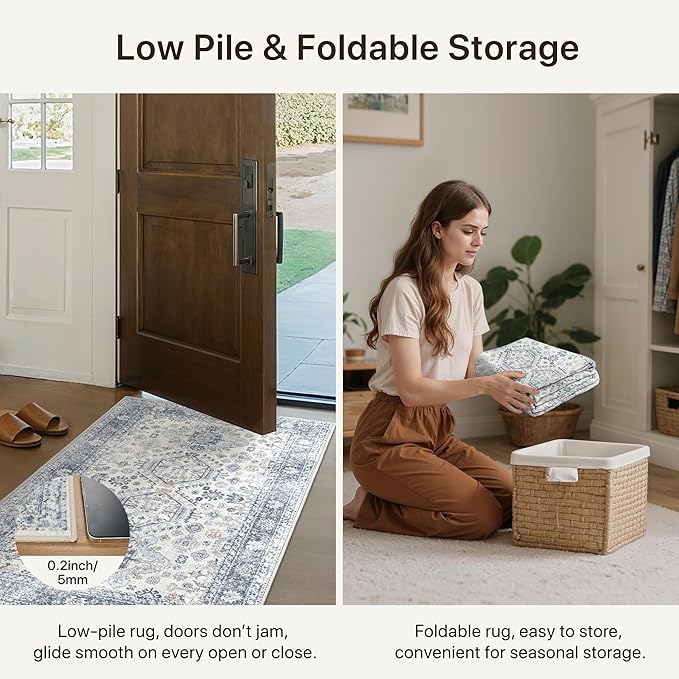 Bavni Washable Entry Rug 2x3, Non Slip Door Mat for Entryway or Kitchen, Vintage Print Low Pile Ultra Thin Indoor Rug, Light Blue
