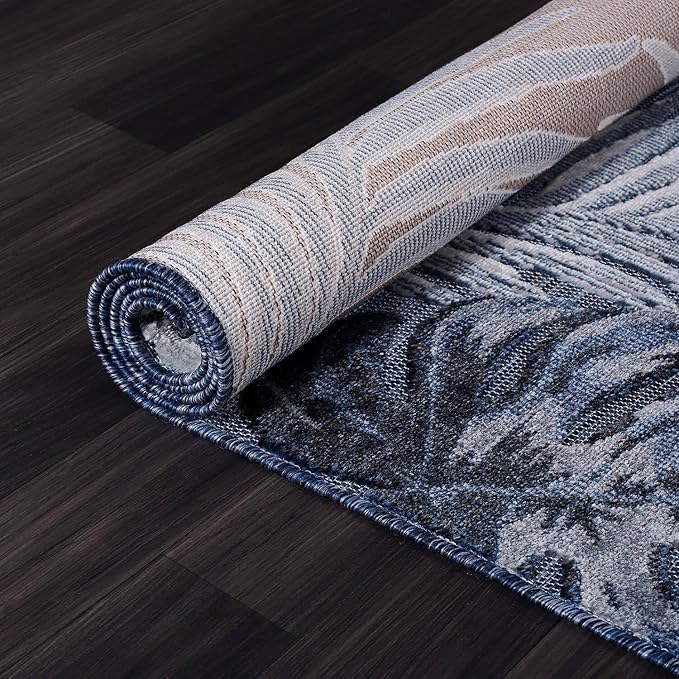 CAMILSON Indoor Outdoor Rug, Navy Blue 6’x9’ Leaf Tropical Botanical Area Rugs for Indoor and Outdoor patios, Easy-Cleaning Non-Shedding Living Room, Garden and Kitchen Washable Outside Carpet (6x9)