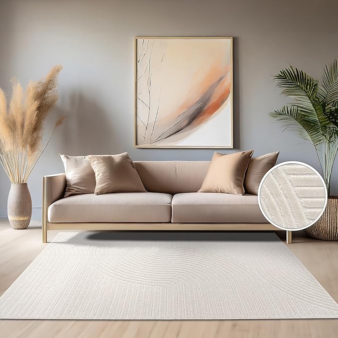 Paco Home Modern Area Rug with Raised Curved Line Pattern – Minimalist Design in Cream, Size: 6'7" x 9'6"