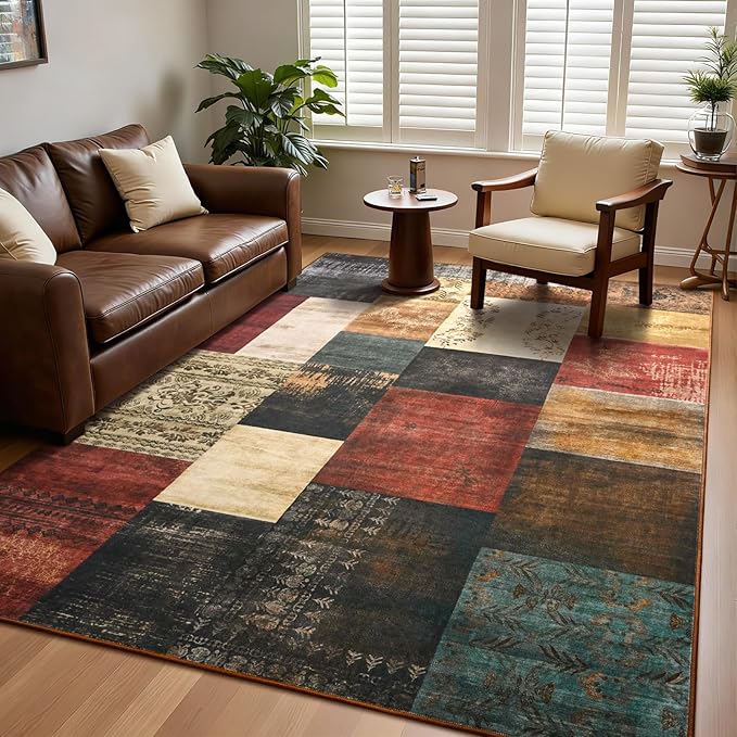 DweIke Washable Area Rugs for Living Room, 6x9 Large Bedroom Rugs, Geometric Print Non Slip Low Pile Indoor Throw Carpets for Bedroom Apartment Dining Room Home Office Hardwood Floor, Colorful