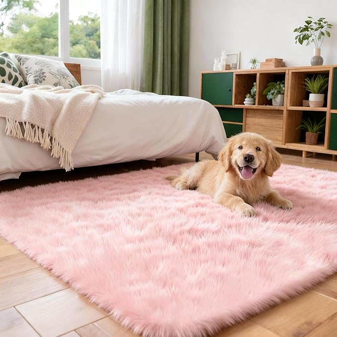 3x5 Solid Fluffy Pink Area Rug – Washable, Durable, Living Room Rug, Non-Slip High Pile Shag Rugs for Bedroom, Living Room, Bedside, Dorms, Nursery Rooms, Kids Room, Soft Indoor Floor Carpet