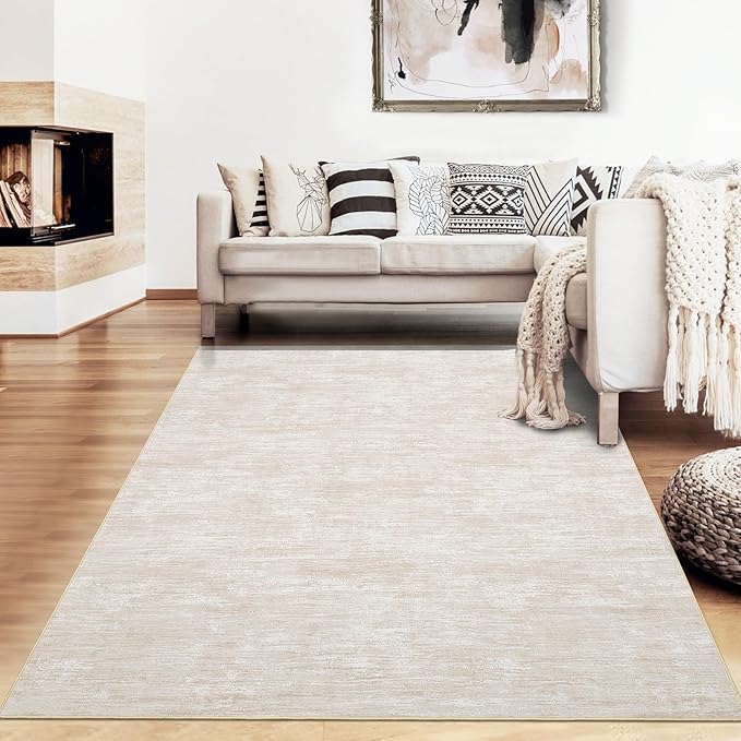 RUGSREAL Living Room Area Rug 9x12 Machine Washable Rug Non-Slip Stain Resistant Modern Abstract Bedroom Rug Contemporary Throw Floor Carpet for Dining Room Solid Area Rug for Home Office, Beige
