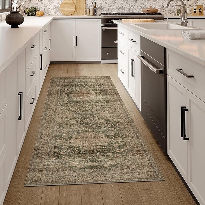 2x5 Washable Vintage Runner Rug Green Brown Hallway Kitchen Carpet Non-Slip Soft Low Pile Distressed Throw Rug for Bedroom Bathroom Laundry Living Room