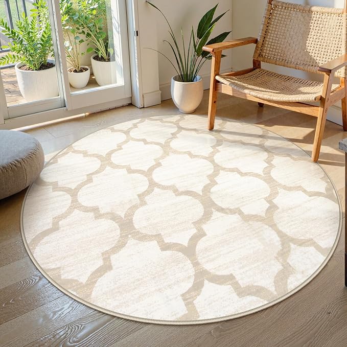 Lahome Moroccan Round Rugs - 4x4 Washable Non-Slip Small Round Area Rug Throw Soft Circle Rugs for Bedroom, Modern Print Indoor Round Carpet for Entryway Sofa Nursery Living Room (Beige, 4Ft-Round)