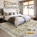 5x7 Area Rugs Green Orange Low Pile Indoor Washable Trendy Faded Style Rugs for Bedroom Living Room Dining Room Foldable Non-Slip Thin Print Mat
