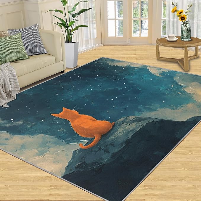 Orange Cat Rugs for Bedroom - 3x5 Area Rug - Cartoon Starry Sky Rugs for Living Room, 3D Cute Cat Rug, Non-Slip Washable Home Decor Carpet