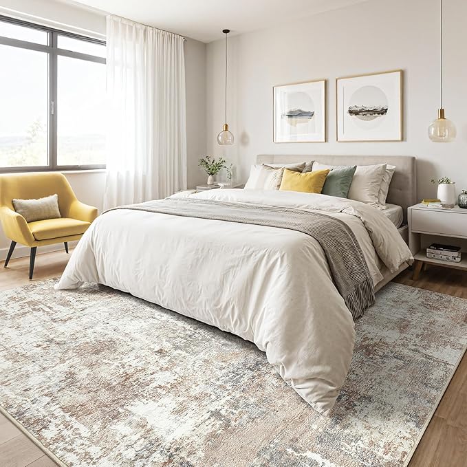 5x8 Area Rug Living Room: Machine Washable Large Abstract Soft Rugs Stain Resistant Indoor Floor Non Slip Accent Carpet for Bedroom Nursery Playroom Office Dining Room Dorm Home House- Brown
