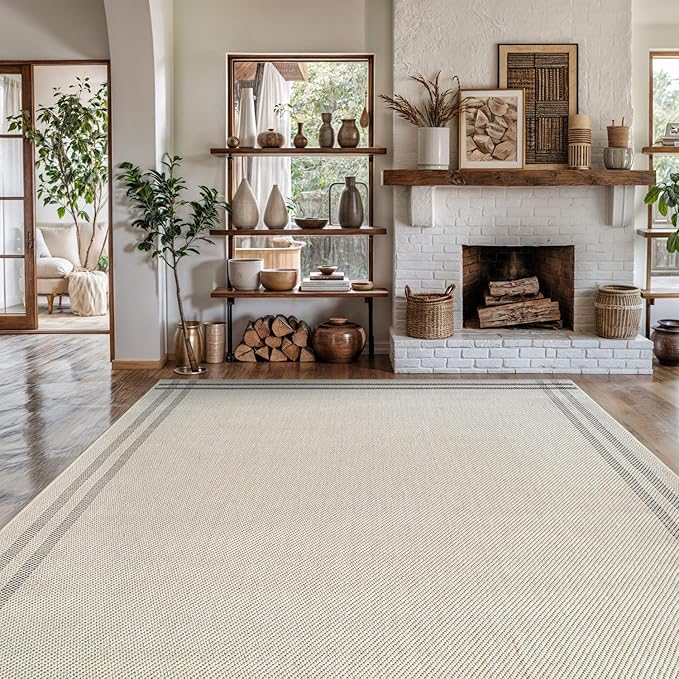 Easy Jute Rugs 9x12 Bordered Bone Color Living Room Indoor Outdoor Area Rug for Patio and Kitchen Rug High Traffic Washable Easy to Clean Solid Boho Woven Design Outside Carpet (9 x 12)