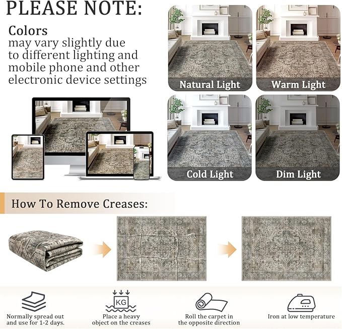 6x9 Machine Washable Area Rug for Living Room, Grey Rusty Boho Vintage Floral Rug Large Non-Slip Low Pile Soft Faux Wool Carpet, Kids and Pets Friendly for Bedroom Dining Room Farmhouse Decor Rug