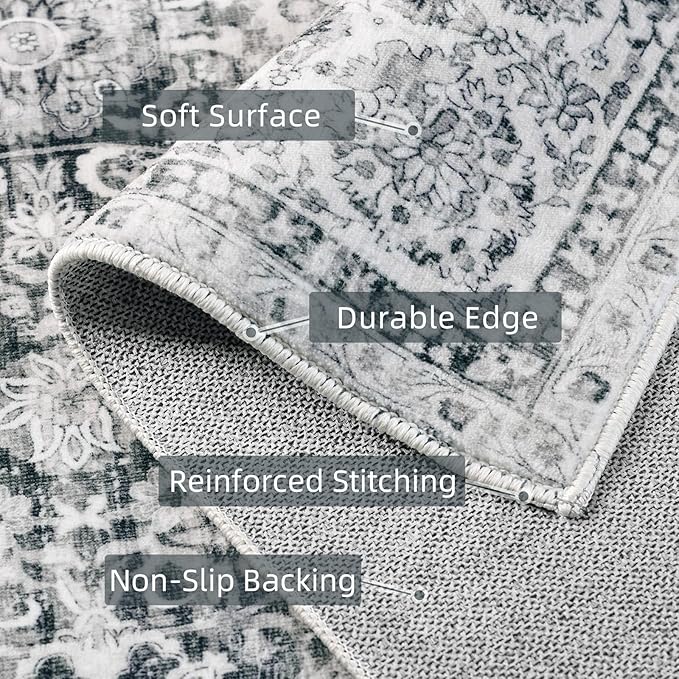 Deerly Rug Runner 2x6 Ft Washable Carpet Runner Runner Non-Slip Grey Runner Rugs with Rubber Backing Low-Pile Ultra-Soft Distressed Rug for Kitchen Bedroom(Grey)