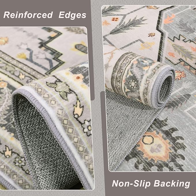 6x9 Grey Beige Area Rug for Living Room, Machine Washable Rugs with Non-Slip Backing for Bedroom, Vintage Medallion Carpet Dining Room Office Kids Room Decor
