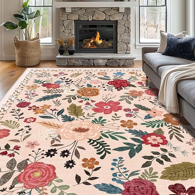 8x10 Area Rugs for Living Room Clearance Washable Boho Area Rug, Vintage Floral Non Slip Low Pile Large Rug for Living Room, Bedroom, Dining Room, Farmhouse (8 x 10 Beige Red)