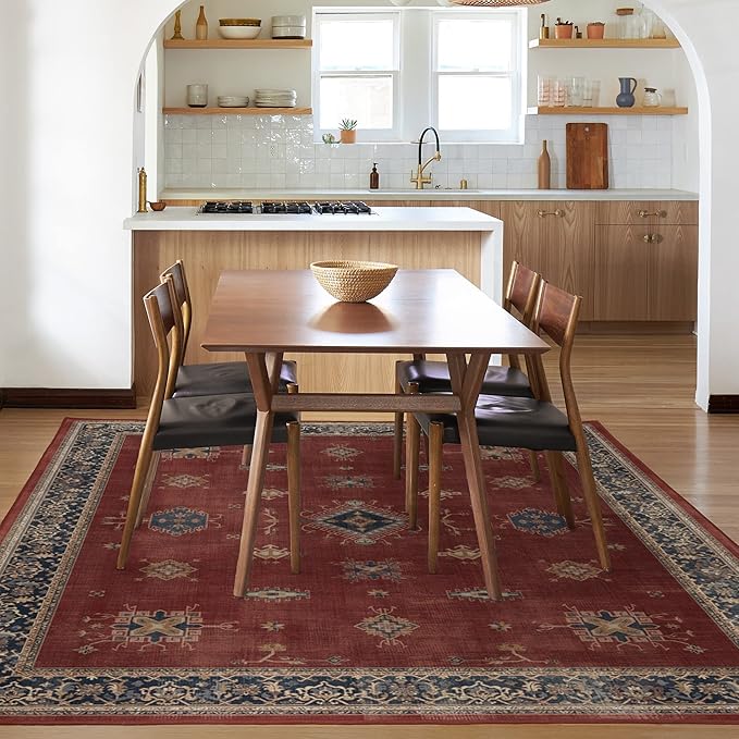 RUGGABLE Washable Vintage Area Rug – Verena Amber Red 5x7, Stain-Resistant, Non-Slip – Medium Machine Washable Rugs for Living Room, Bedroom, Hallway, Entryway & Office–with Cushioned Pad