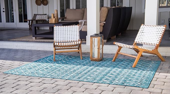 Unique Loom Outdoor Trellis Collection Area Rug - Tribal Trellis (3' 3" x 5' 3" Rectangle, Teal/ Ivory)