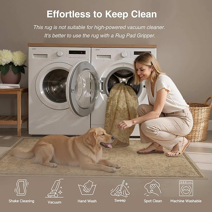 HUGEAR 8x10 Machine Washable Area Rugs Vintage Brown - Neutral Living Room Bedroom Rug Non Slip Stain Resistant Low Pile Aesthetic Throw Carpet Kids & Pet Friendly