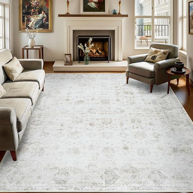 Washable 4×6 Area Rugs for Living Room, Vintage Floral Rug Soft Non Slip Stain Resistant Boho Carpet for Bedroom Dinning Room Kitchen Home Office 02 Beige