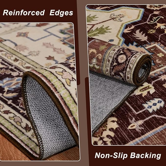 5x7 Mousse Brown Area Rug for Living Room, Machine Washable Rugs with Non-Slip Backing for Bedroom, Vintage Medallion Carpet Dining Room Office Kids Room Decor