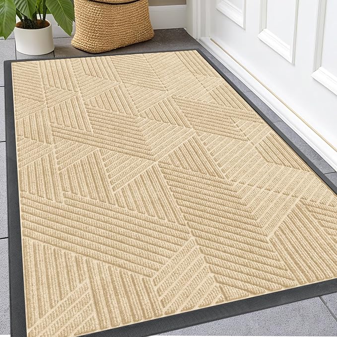 Kitinjoy Front Door Mat Outside Entrance, Sturdy Natural Dirt Trapper, Heavy Duty Rubber Doormat, Low Profile Non-Slip Backing, Easy Clean Floor Mat for Indoor Outdoor Entry, 47X32 Inch, Beige