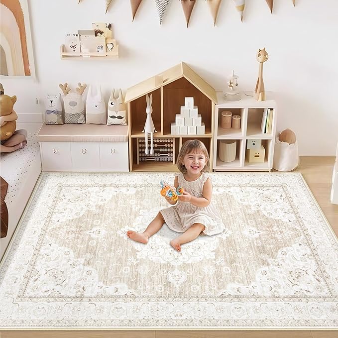 Area Rug 4x6 Entryway Rugs - Machine Washable Vintage Boho Area Rug Non-Slip Bedroom Rugs Soft Stain Resistant Living Room Carpet, Oriental Distressed Rug for Dining Room Nursery(Boho Beige, 4'x6')