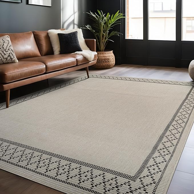 Easy Jute Rugs 5x7 Frame Bone Color Living Room Indoor Outdoor Area Rug for Patio and Kitchen Rug High Traffic Washable Easy to Clean Solid Boho Woven Design Carpet (5 x 7)