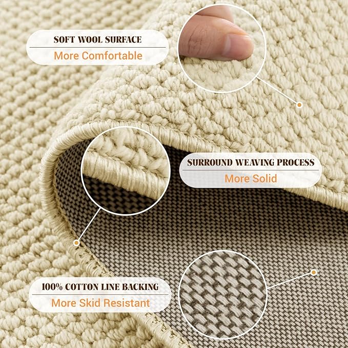 Shilucheng Wool Rug 9x12 Non-Slip, Blend 80% Wool and 20% Cotton Rugs for Living Room, Bedroom, Dinning Room, Soft Durable Cotton Backing Modern Area Rug (Beige)
