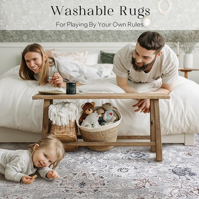 Phantoscope Washable Area Rug 8'x10' Non-Slip, Vintage Neutral Rugs for Living Room, Bedroom, Dining Room, Distressed Boho Floral Medallion Pattern, Low-Pile Foldable Floor Carpet, Light Grey/Neutral