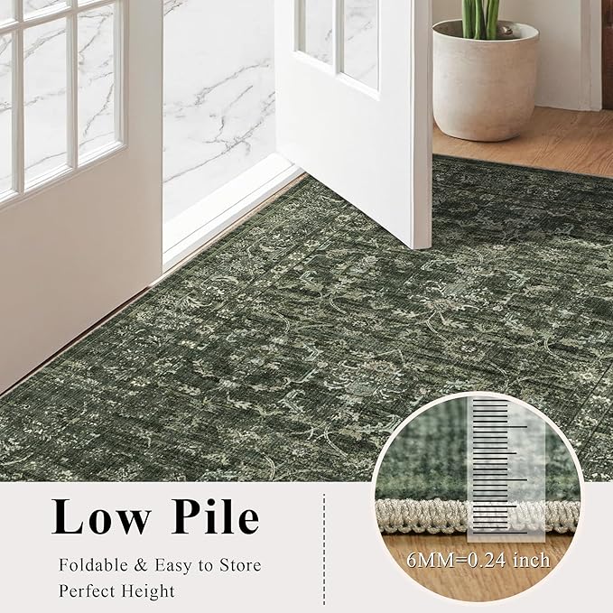 Washable Area Rug 4x6 Green Rugs for Living Room, Vintage Boho Large Rug for Bedroom Dining Room Office, Distressed Floral Print Carpet for Under Table, Soft Non Slip Low Pile Throw Carpet Indoor Mat