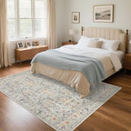 Washable Living Room Rug: 6x9 Boho Floral Soft Area Rug for Bedroom Decor - Vintage Low Pile Thin Carpet for Dining Room Non-Slip - Farmhouse Stain Resistant Rugs - Beige Blue